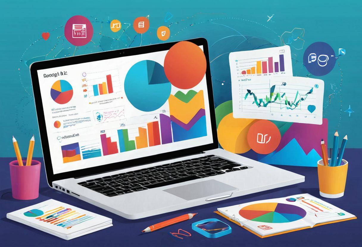 An illustration of a digital landscape, depicting an open laptop with vibrant SEO graphs and analytics displayed on the screen. Surrounding the laptop are various colorful icons representing keywords, backlinks, and engagement metrics, blending seamlessly into a thriving online journal scene filled with books, pens, and creative ideas. A bright, dynamic background symbolizes growth and success in the blogosphere. super-realistic. vibrant colors. 3D.