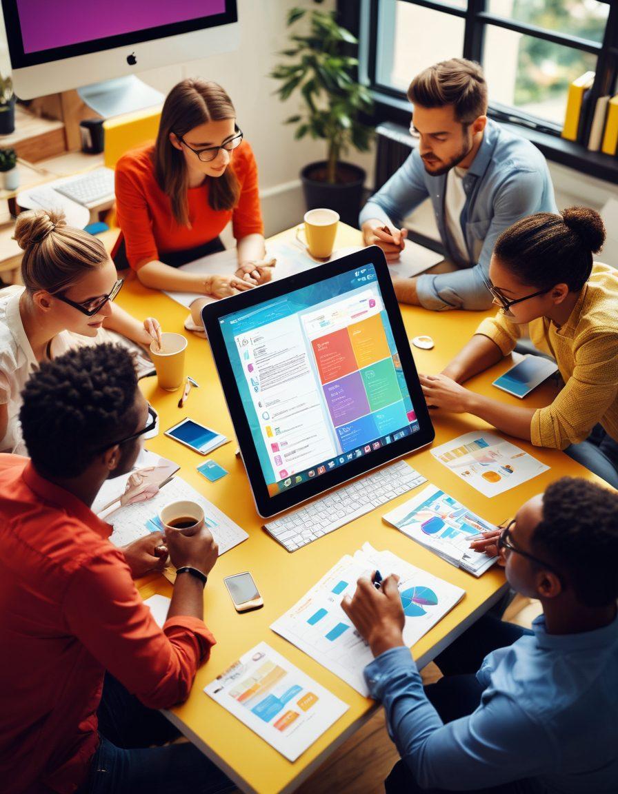 A dynamic and vibrant scene showcasing a diverse group of people collaboratively brainstorming ideas around a digital tablet, filled with colorful infographics about blogging and web development. The background should feature computer screens displaying code and engaging blog layouts, merging creativity and technology. Incorporate elements like sticky notes and coffee cups to evoke a productive atmosphere. super-realistic. vibrant colors. modern tech-inspired.